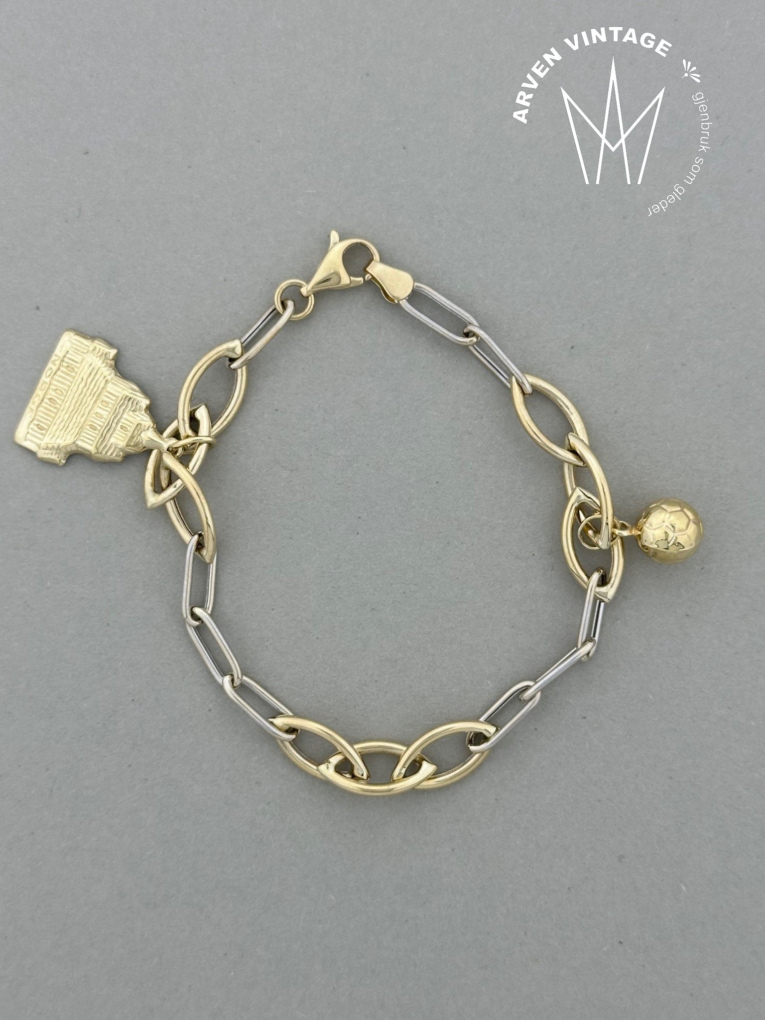 Vintage charmsarmbånd gult gull 18cm