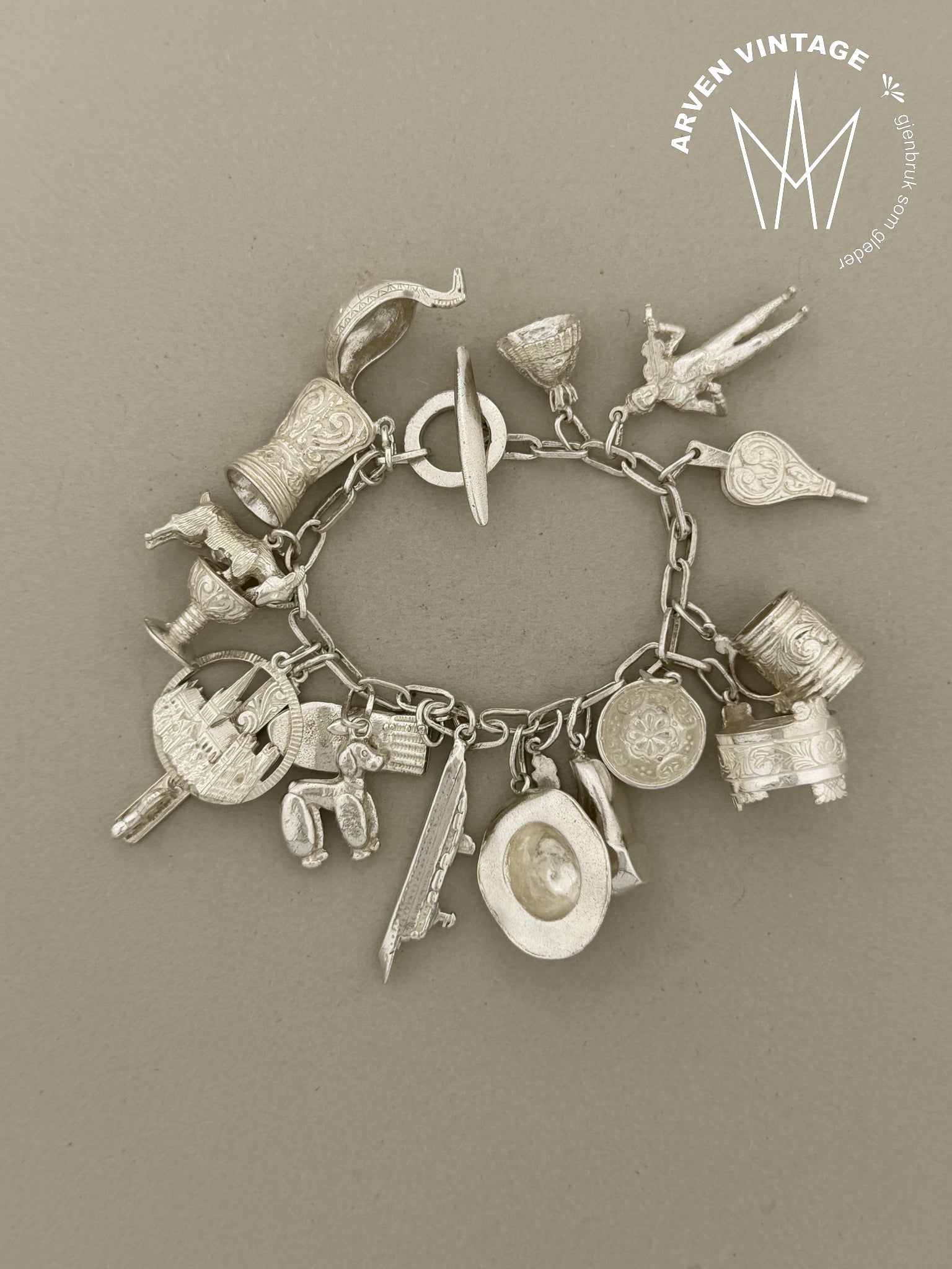 Vintage sølv charmsarmbånd 15,5cm