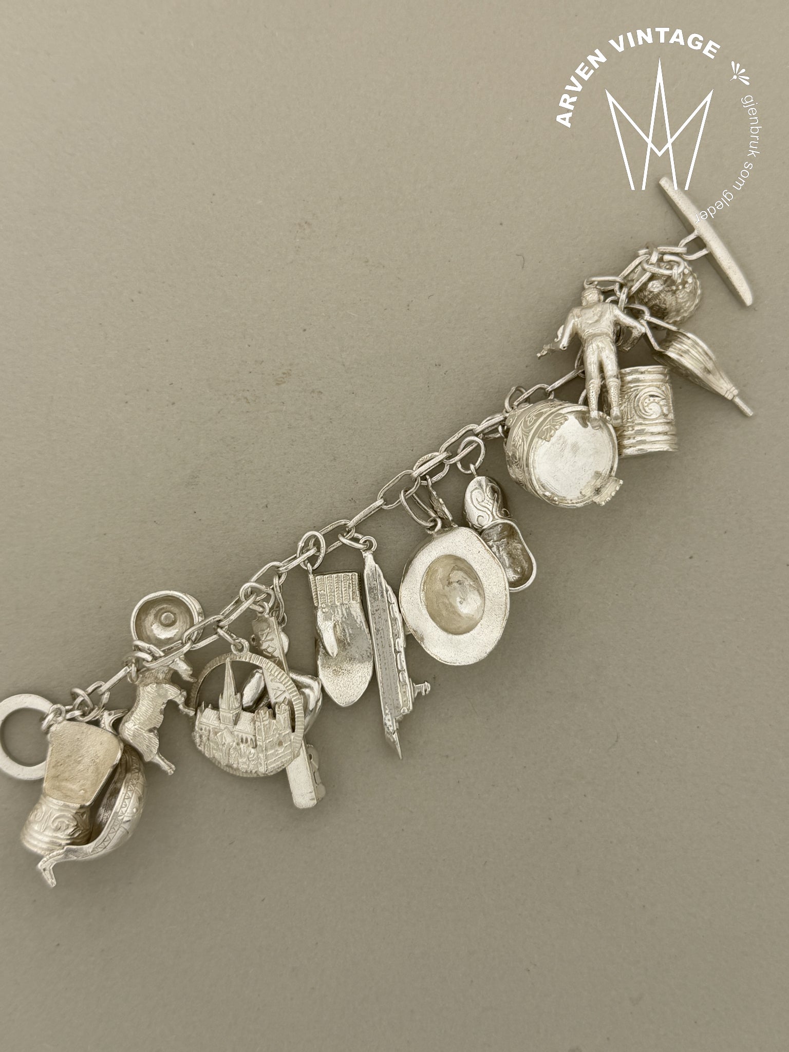 Vintage sølv charmsarmbånd 15,5cm