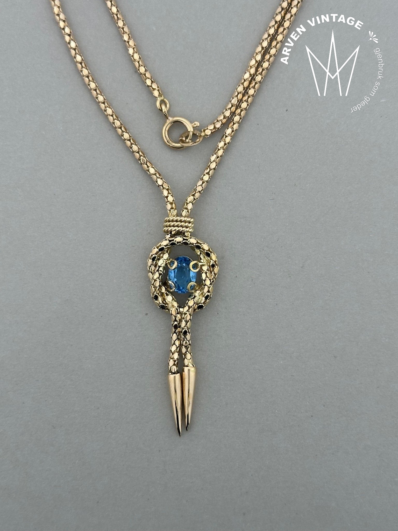 Vintage halssmykke gult gull med blå sten