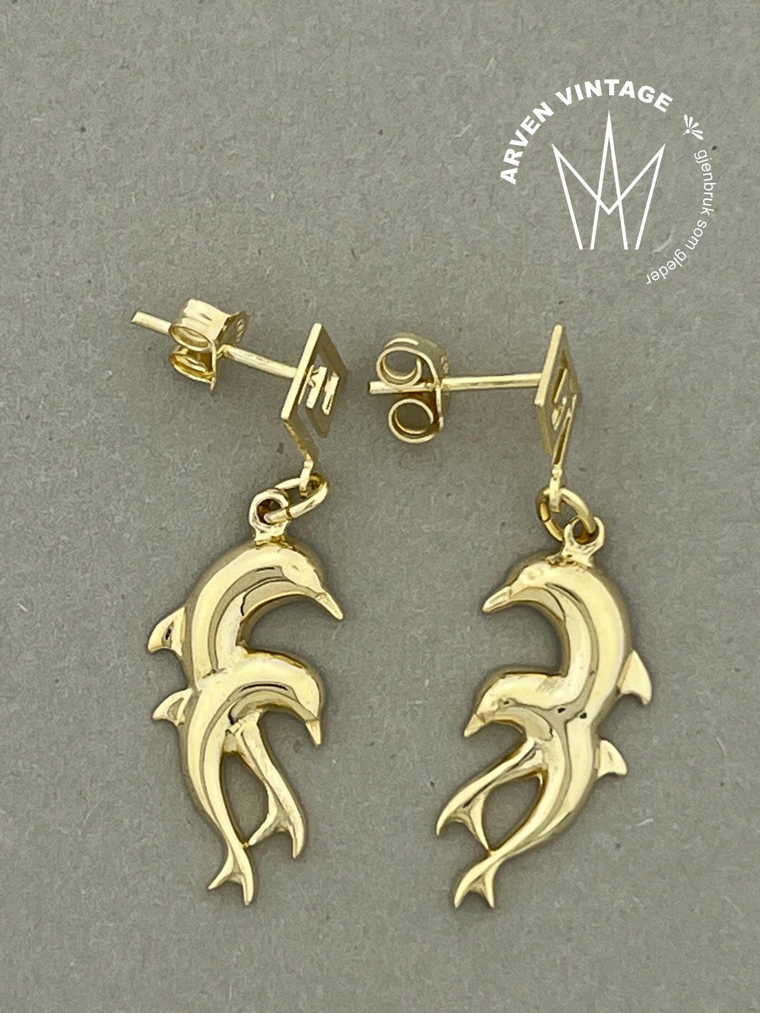 Vintage delfinørepynt gult gull