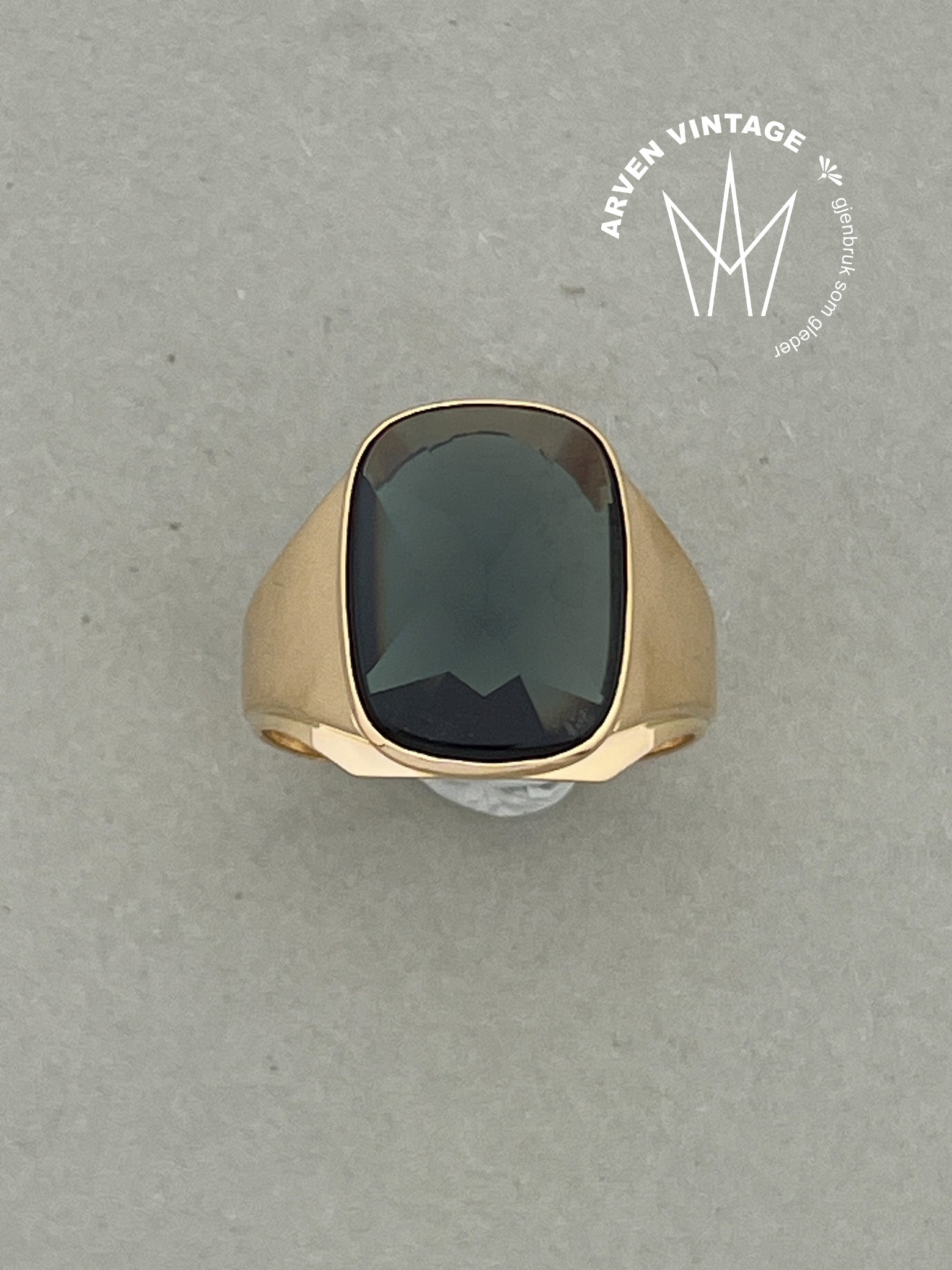 Vintage signetring gult gull str59 grønn sten