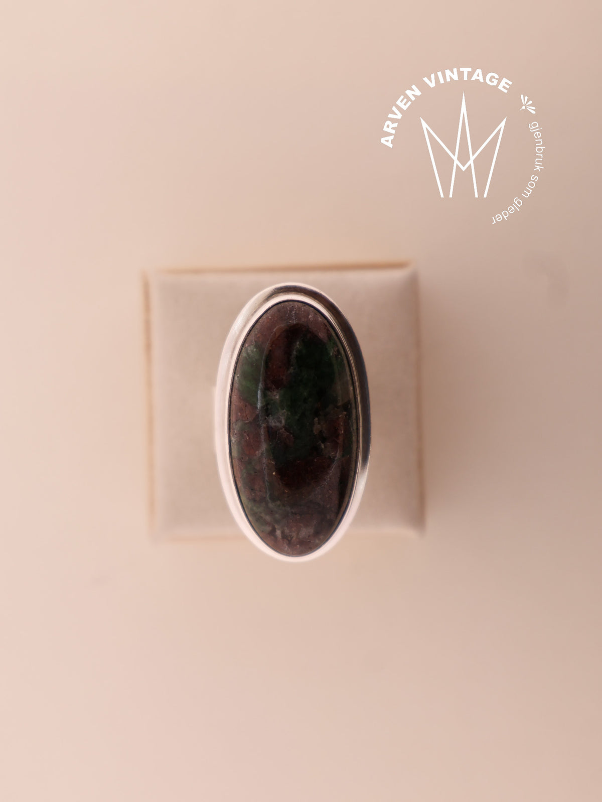 Vintage sølv ring str58 brungrønn sten