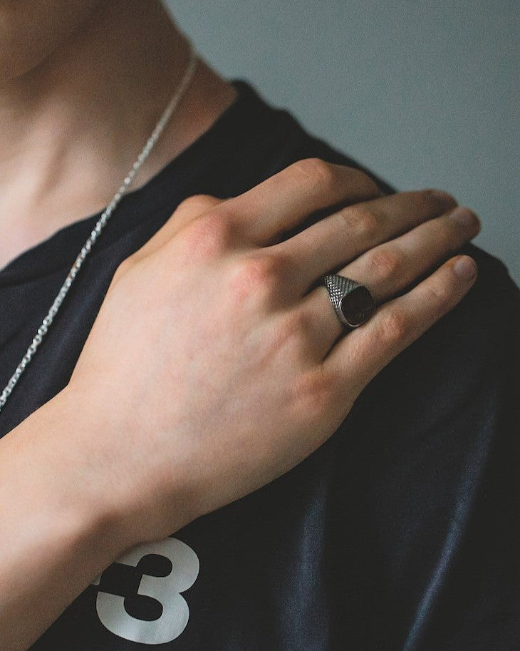 Unisex ring in oxidized silver with bloodstone