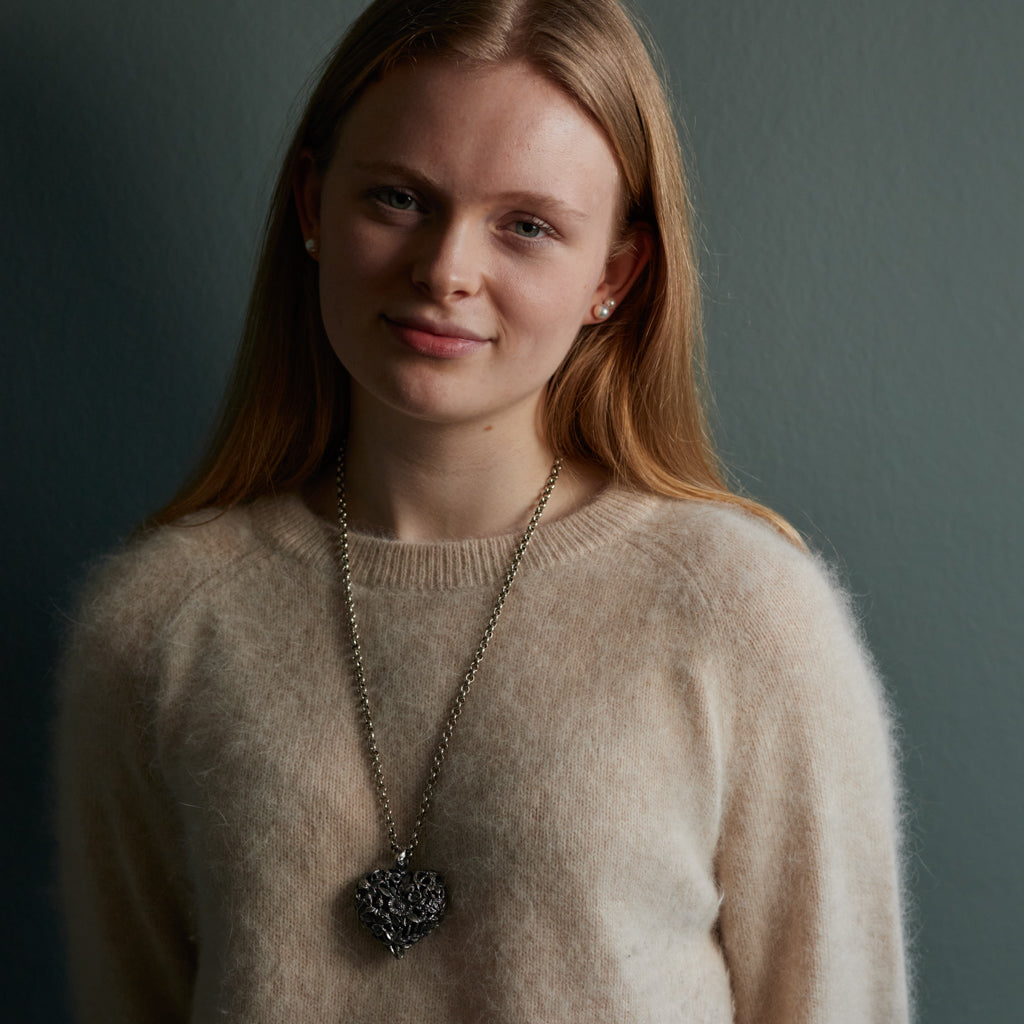 Red clover heart necklace in oxidized silver