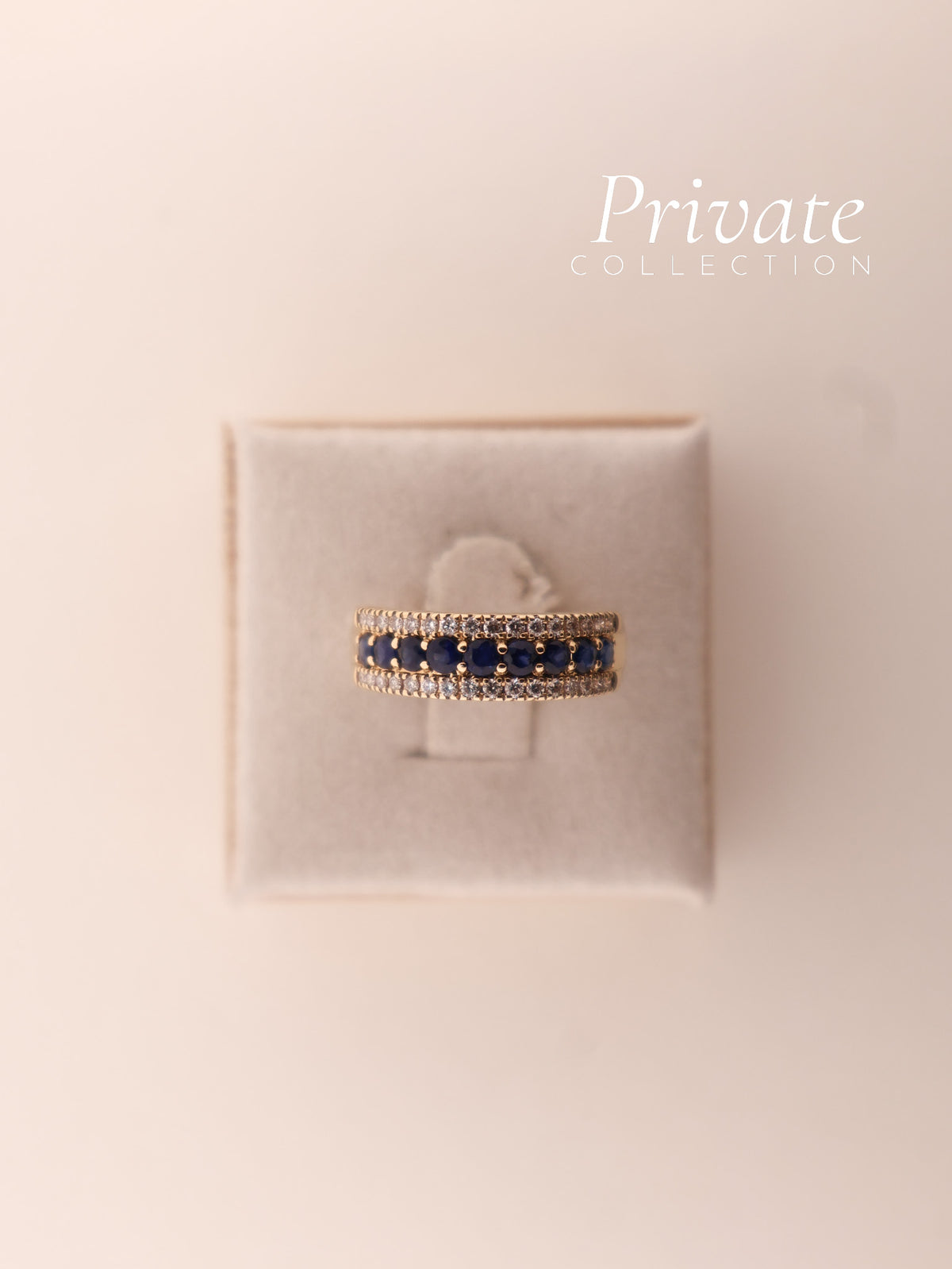 PC ring 18K gult gull med safirer og diamanter str53,5