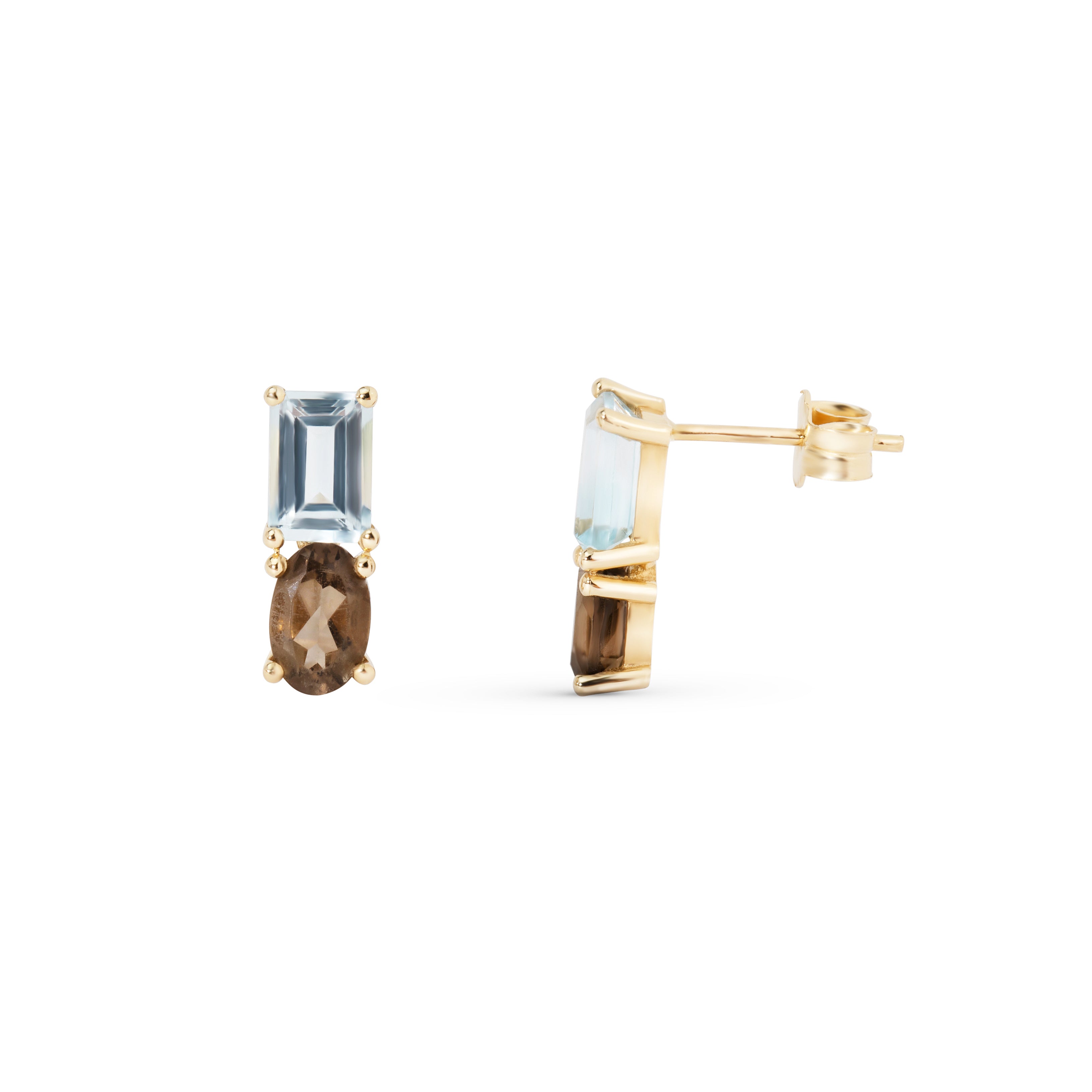 Earrings yellow gold topaz and smoky quartz