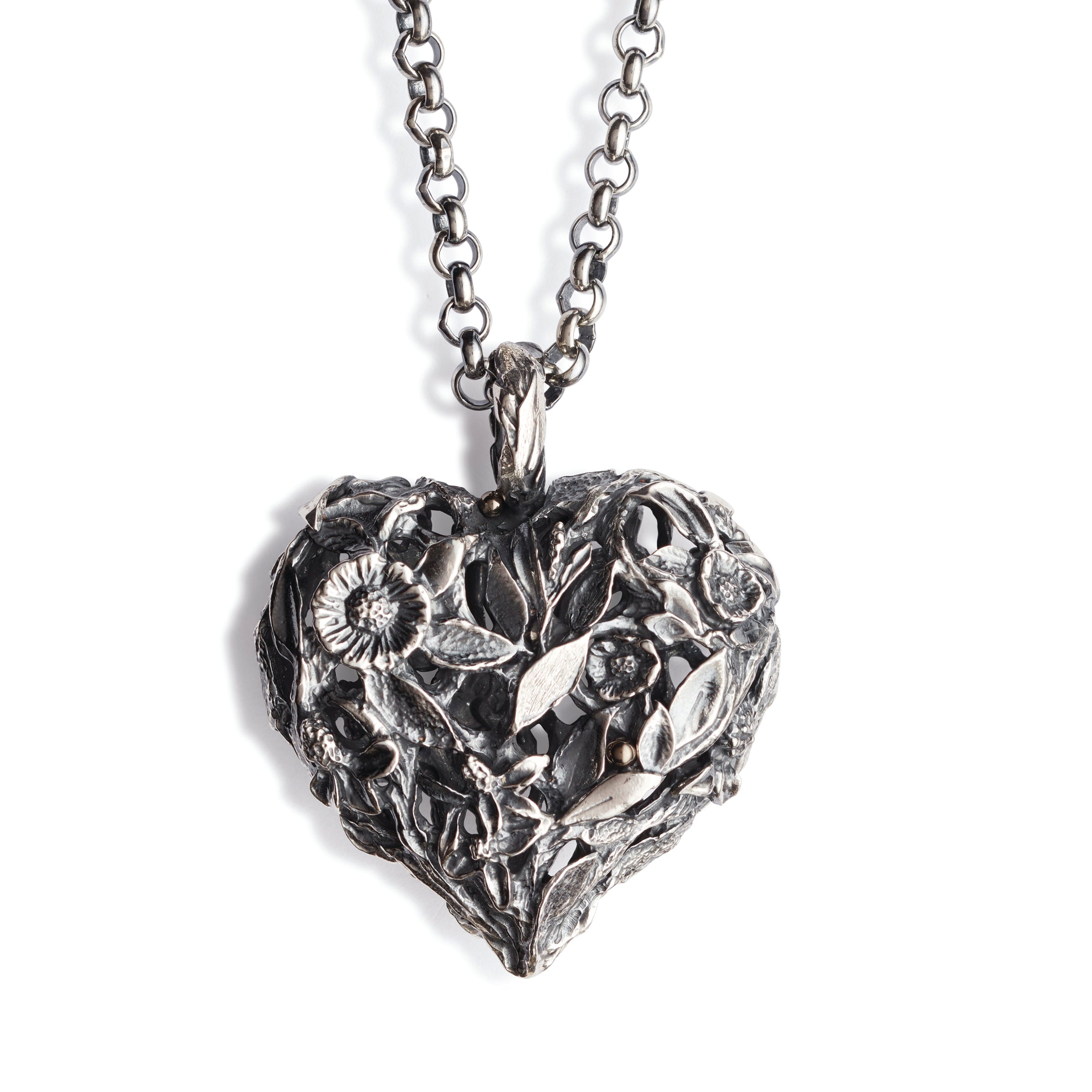 Red clover heart necklace in oxidized silver