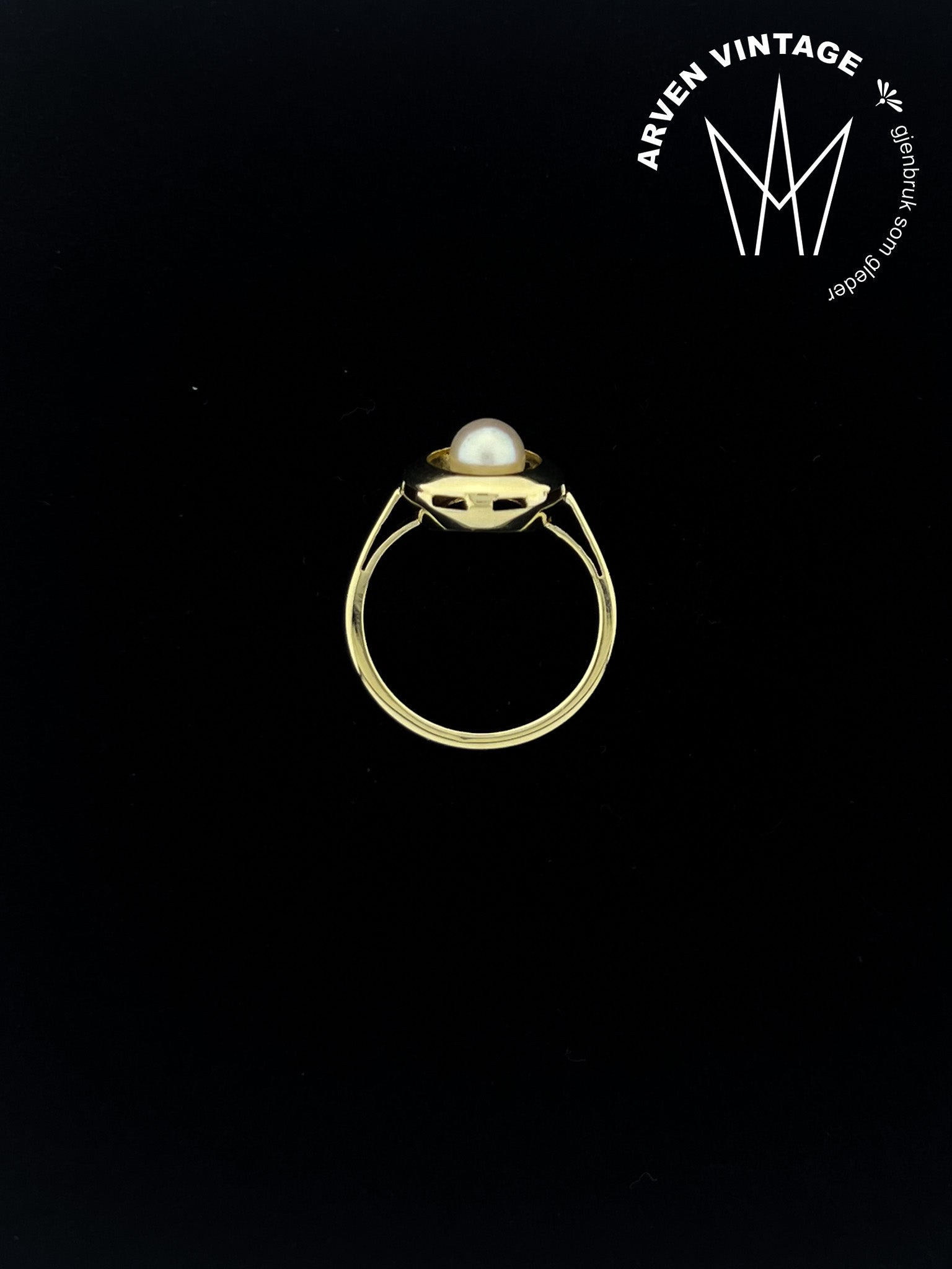 Vintage ring gult gull med perle str. 51