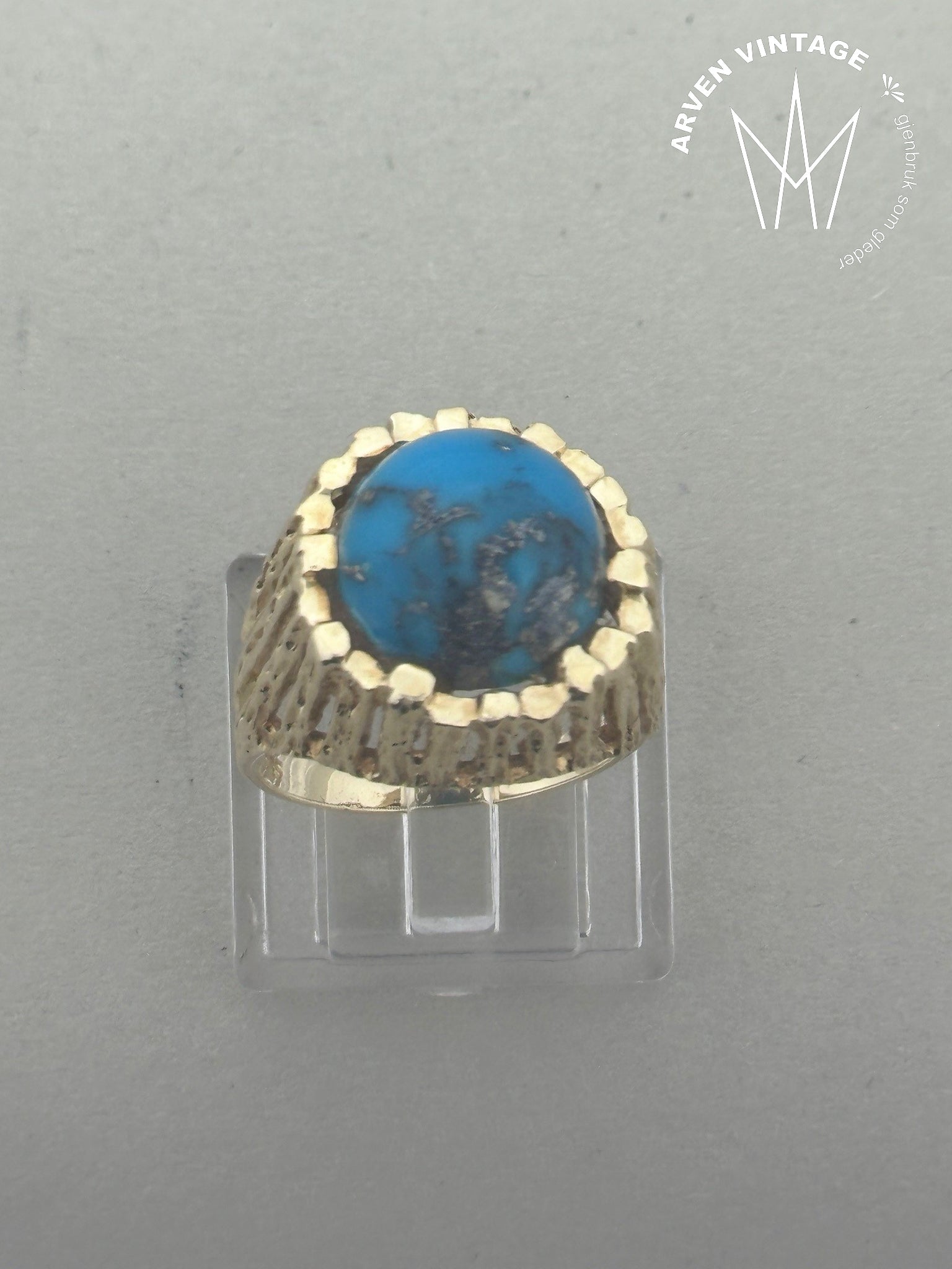 Vintage ring gult gull med turkis sten str 54