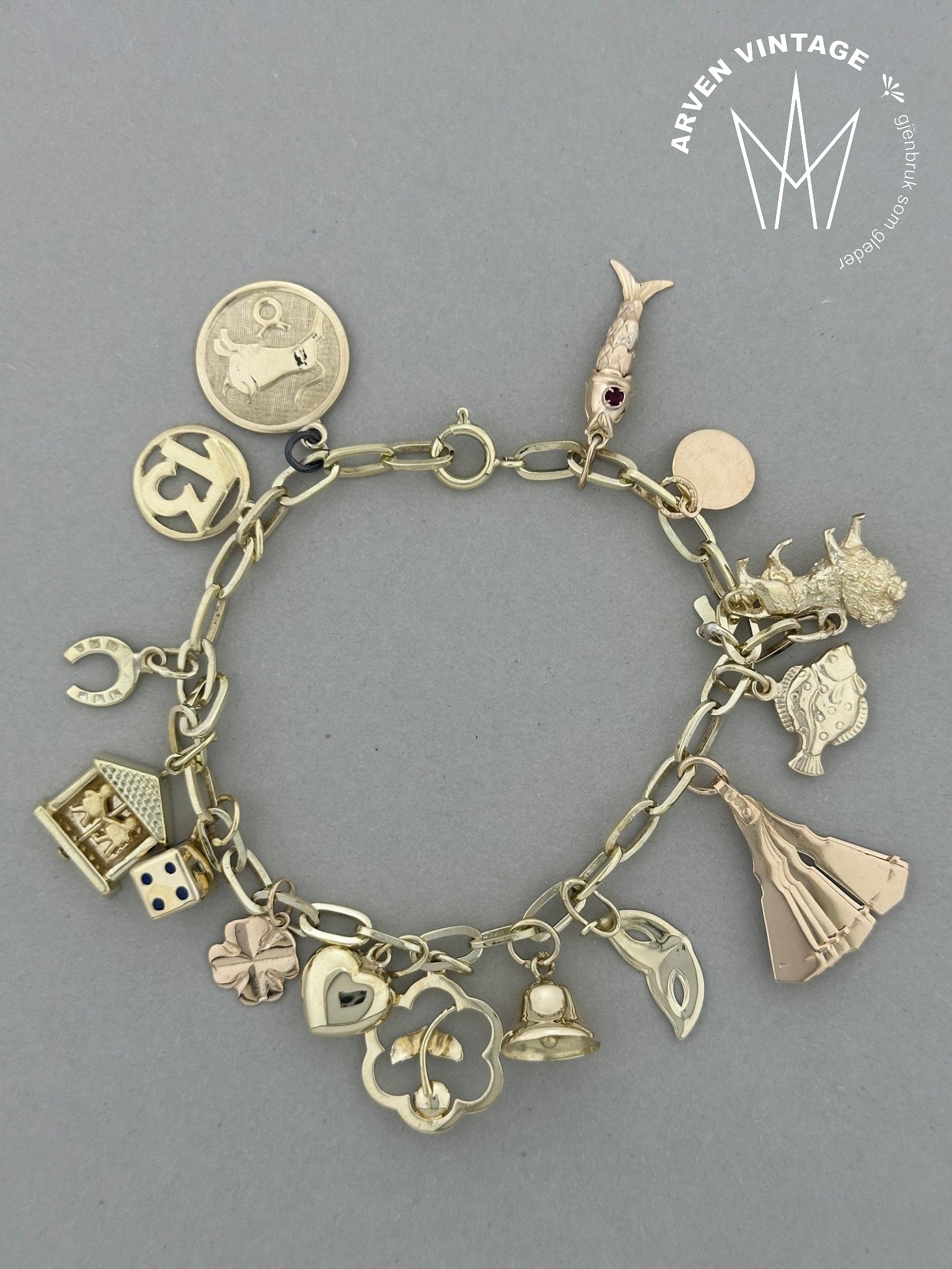 Vintage charmsarmbånd 18K gult gull 18,5cm