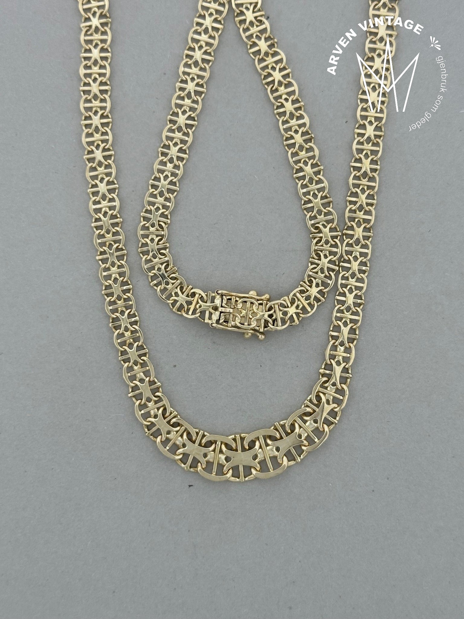 Vintage halskjede X med stav gult gull 43cm