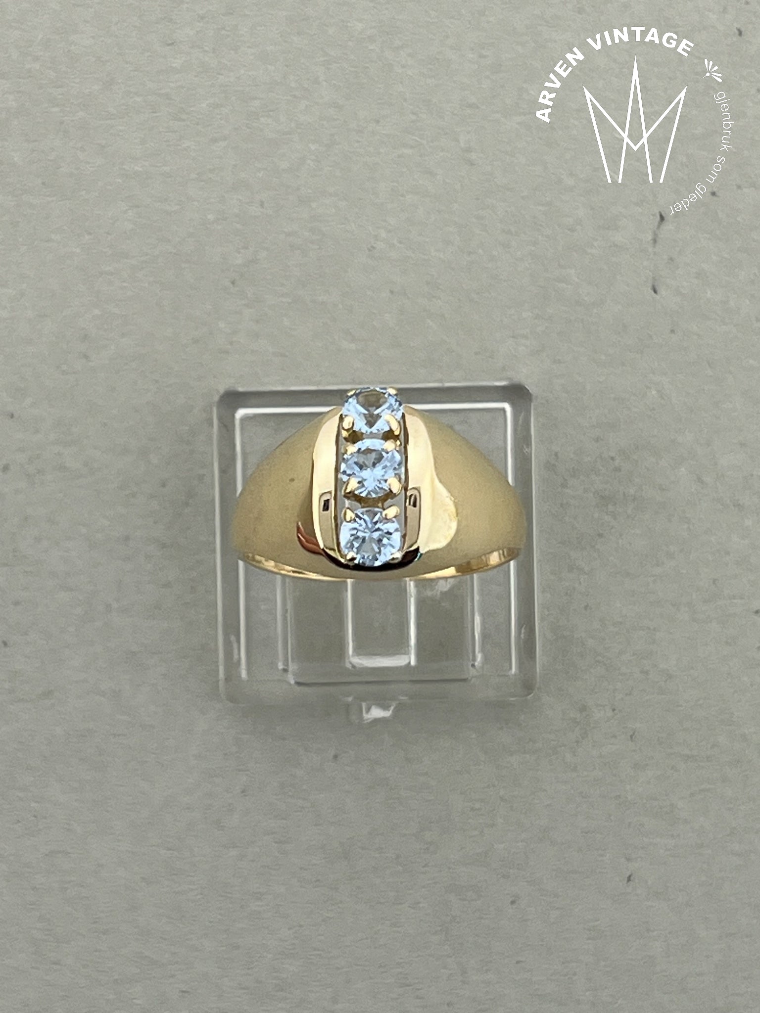 Vintage ring gult gull  lysblå stener str53