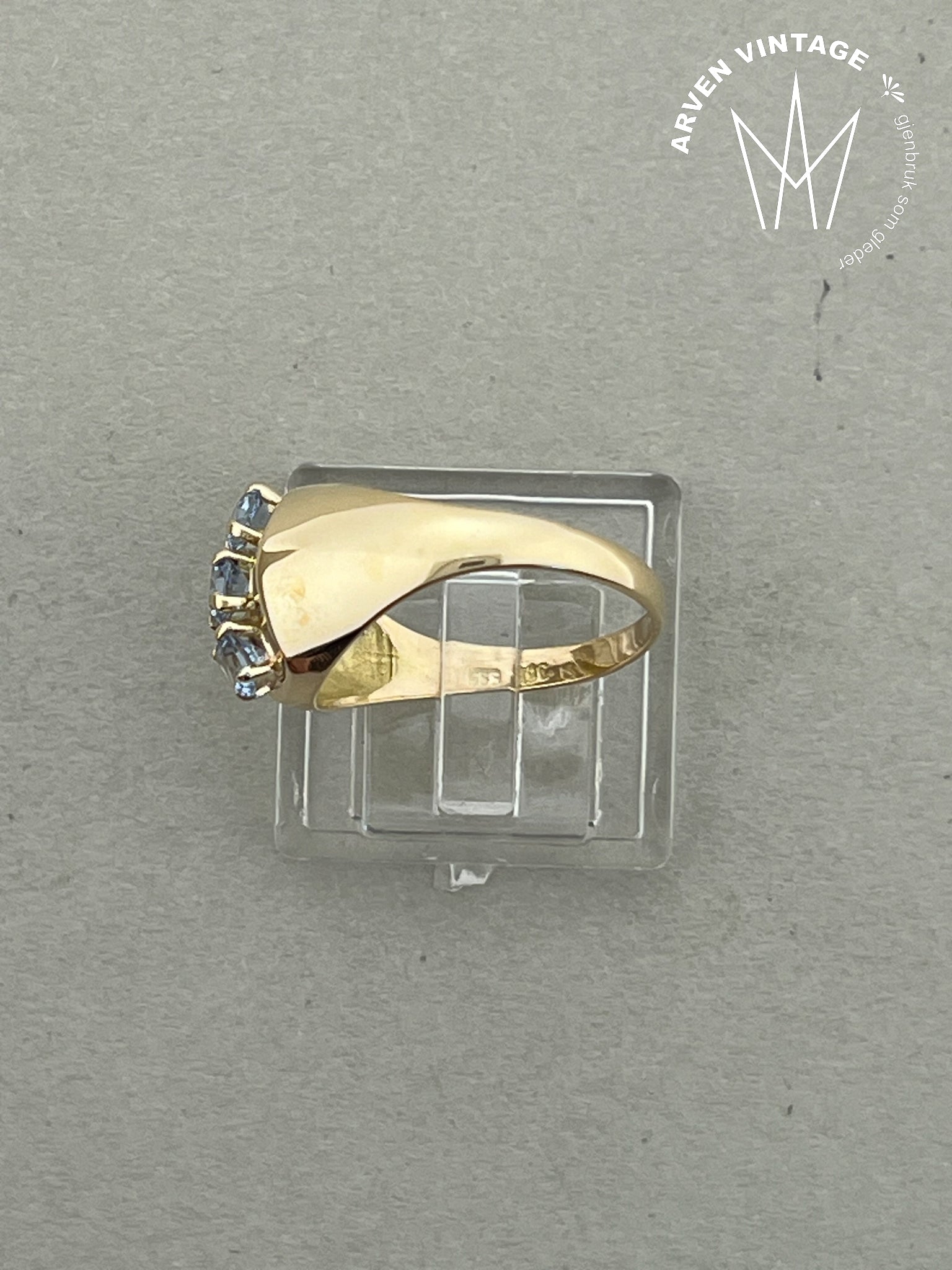 Vintage ring gult gull  lysblå stener str53