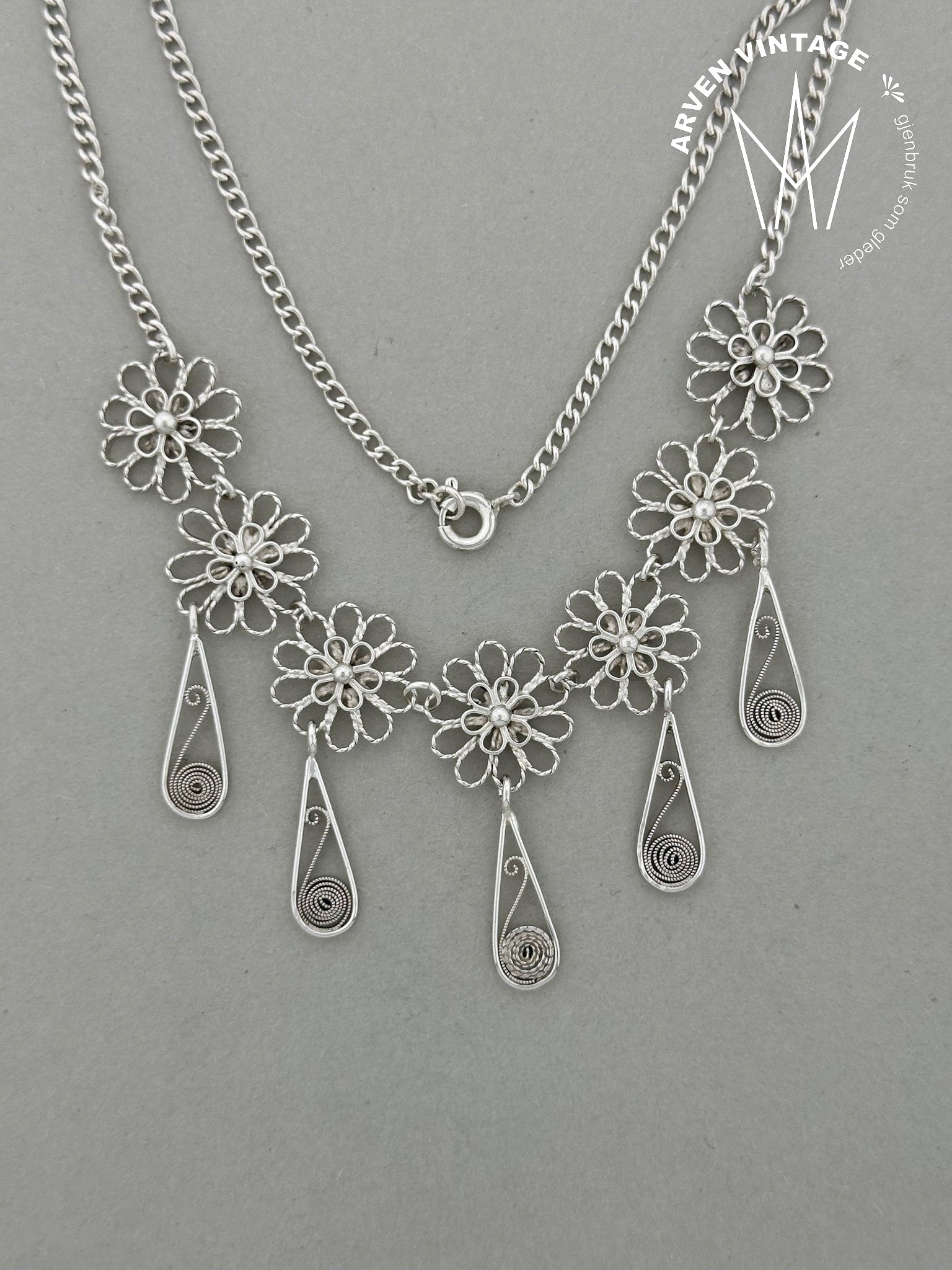 Vintage sølv filigran halskjede 40cm