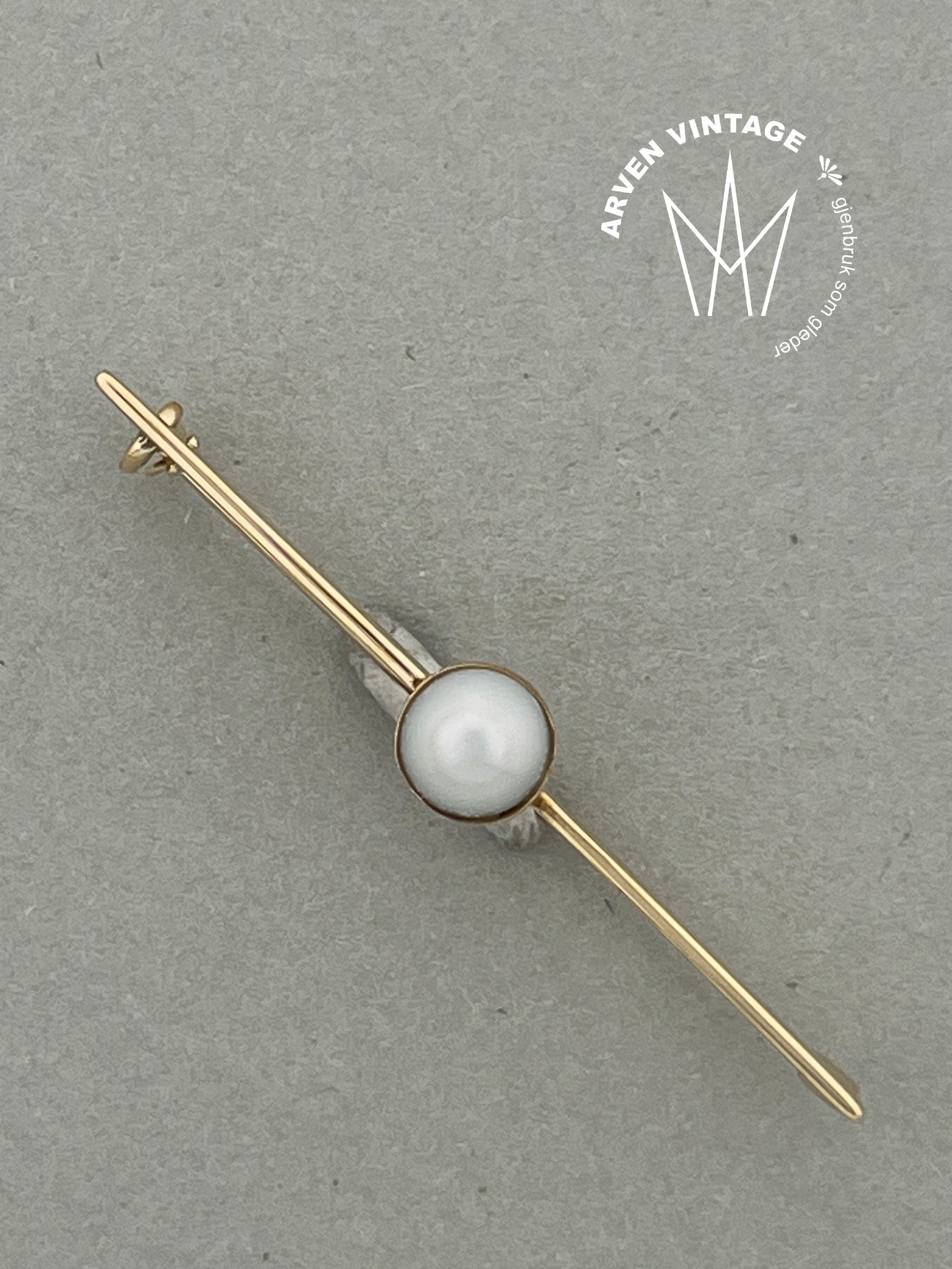 Vintage perlebrosje ring gult gull str 69