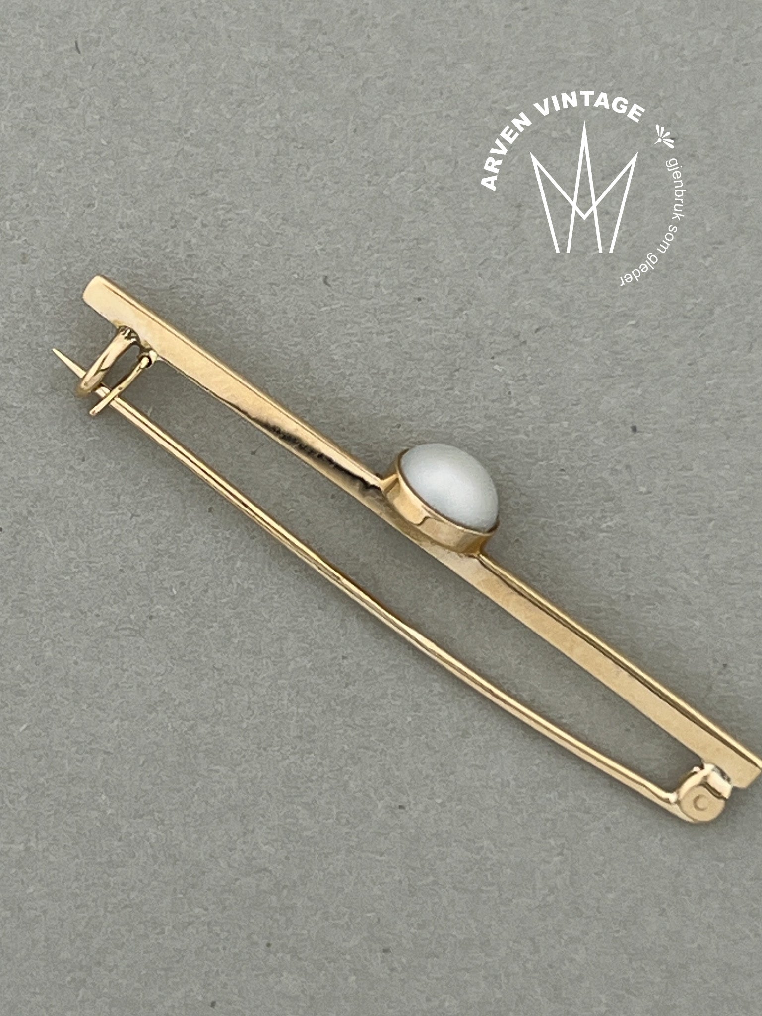 Vintage perlebrosje ring gult gull str 69
