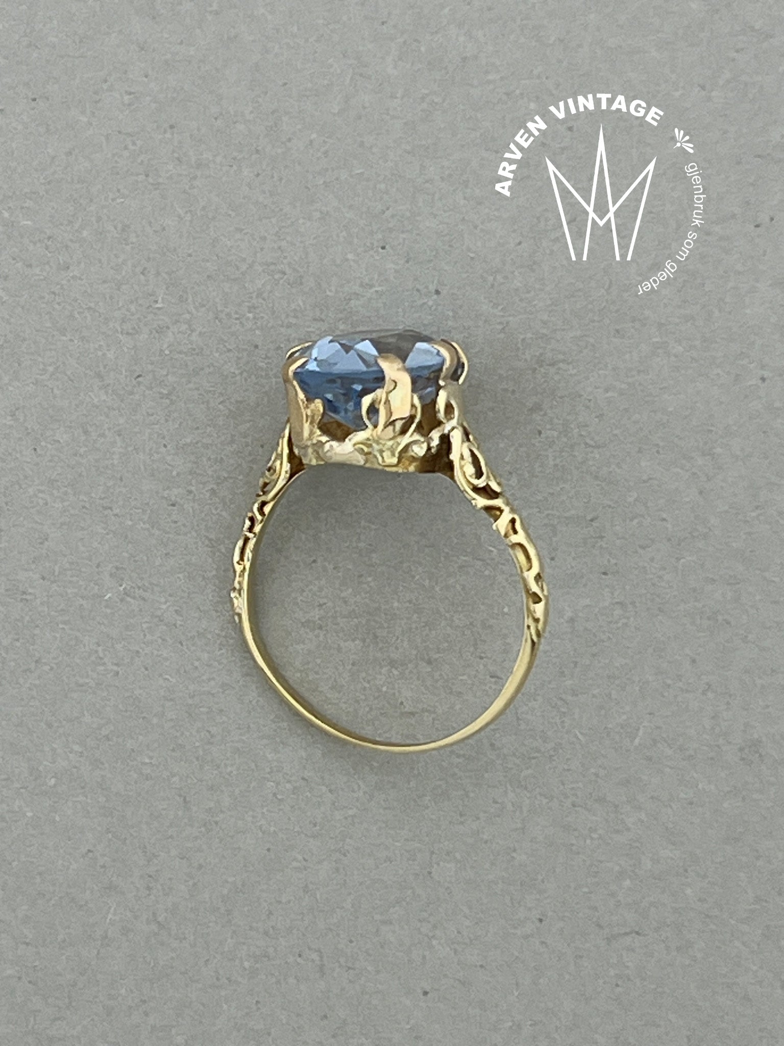Vintage ring gult gull str52 blå sten