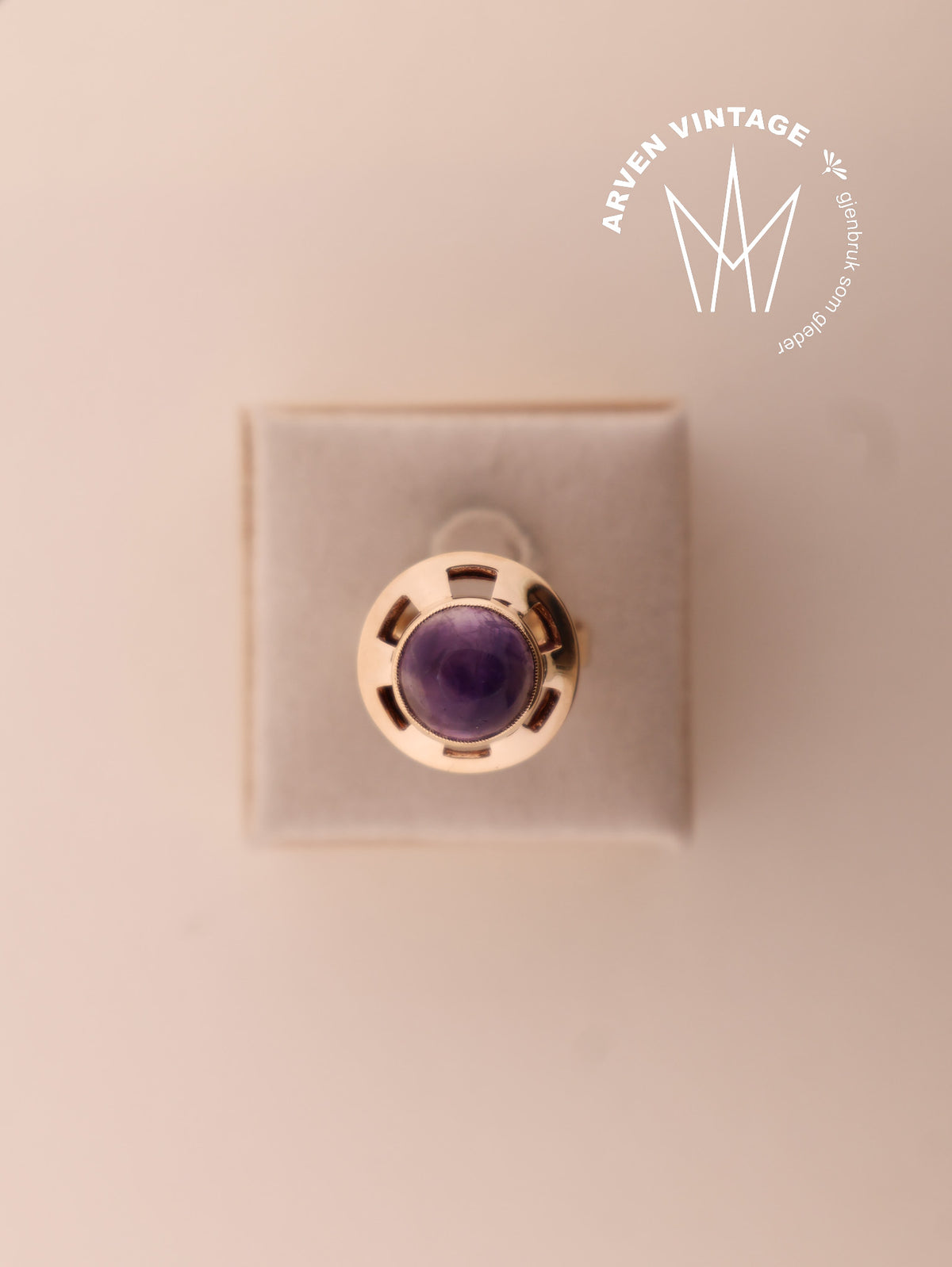 Vintage ring gult gull med lilla sten str48