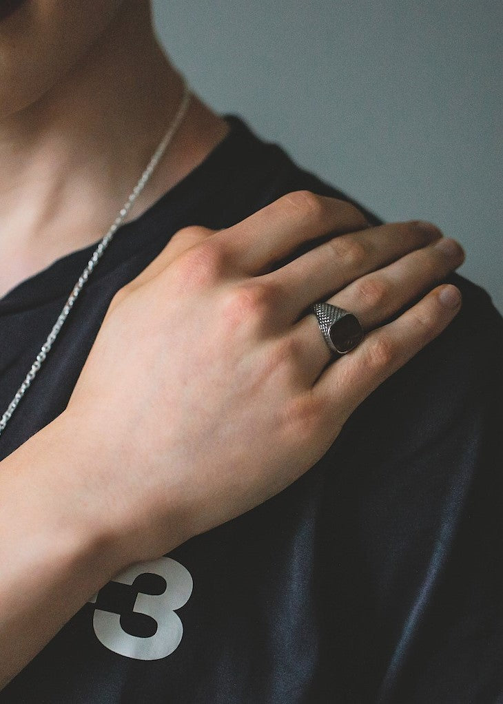 Unisex ring with blood stone in oxidized silver